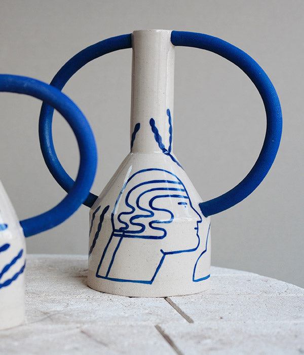 Grand vase à oreilles bleu blanc