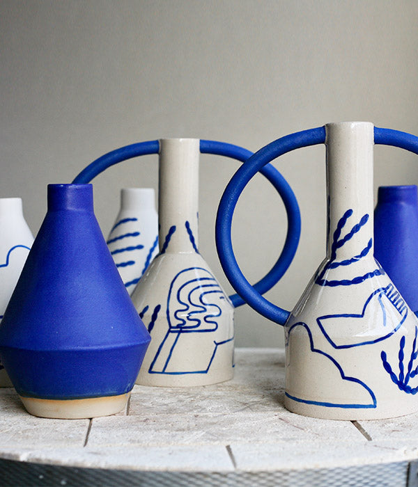 Grand vase à oreilles bleu blanc