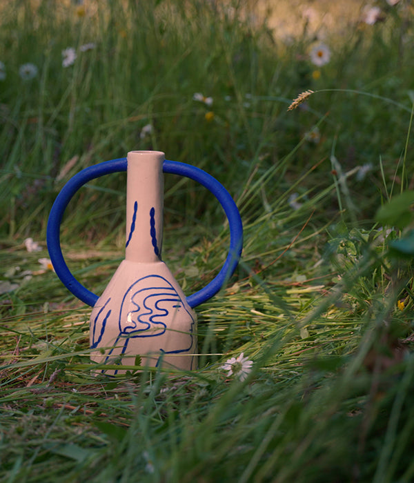 Grand vase à oreilles bleu blanc