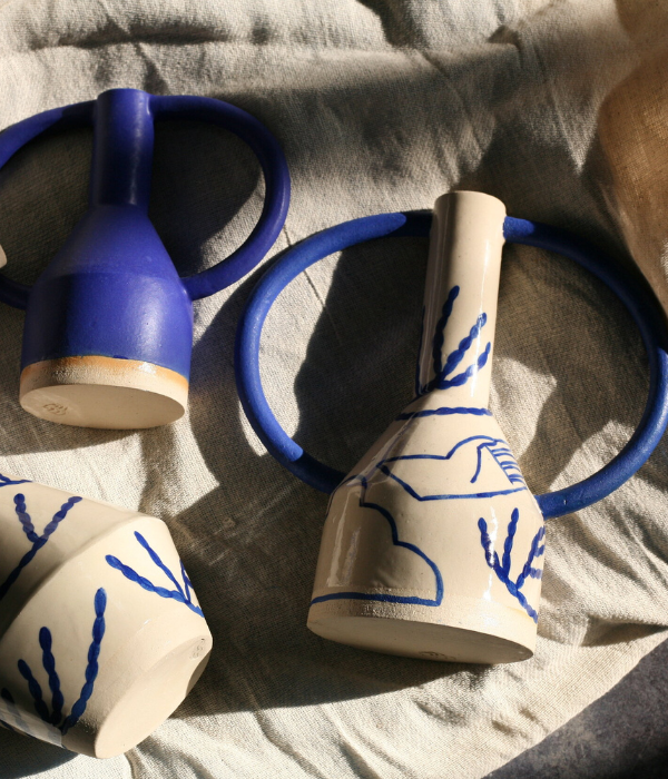 Grand vase à oreilles bleu blanc